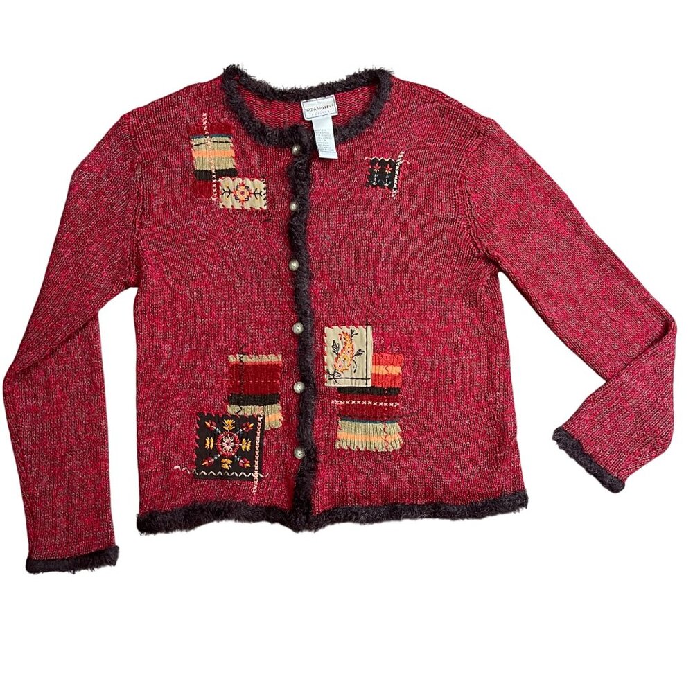 Vintage Napa Valley Petites Cardigan‎ Sweater Women's Medium Faux Fur Patchwork